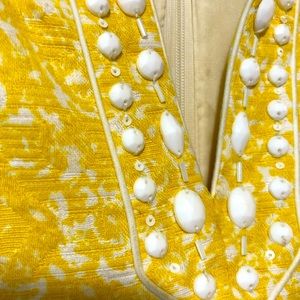TAHARI Yellow Beaded Dress Size 10 100%Cotton Slight Imperfection Under Left Arm
